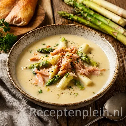 Roomsoep van gerookte forel en aspergepunten op rustieke houten tafel