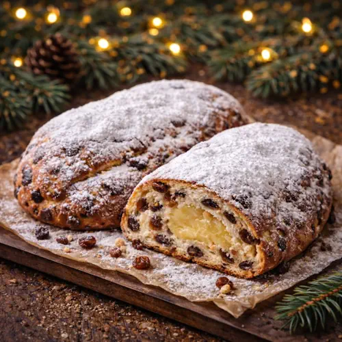 Traditioneel rozijnenbrood voor kerst, rijkelijk gevuld met rozijnen en amandelspijs, bestrooid met poedersuiker, geserveerd op een rustieke houten tafel met kerstgroen en lichtjes.
