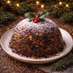 Engelse kerstpudding met rozijnen, krenten, gekonfijt fruit en poedersuiker, feestelijk geserveerd op een rustieke houten tafel.
