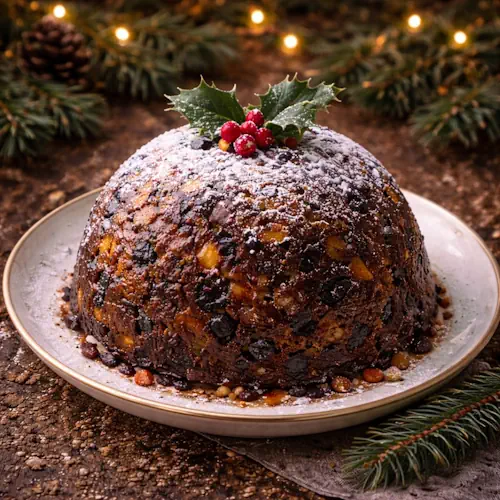 Engelse kerstpudding met rozijnen, krenten, gekonfijt fruit en poedersuiker, feestelijk geserveerd op een rustieke houten tafel.