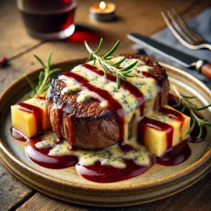 Een medium rare runderbiefstuk met gesmolten Stilton en een glanzende rode portsaus, geserveerd op een rustiek bord met rozemarijn en een houten tafel op de achtergrond.