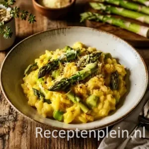 Saffraanrisotto met asperges op rustieke houten tafel