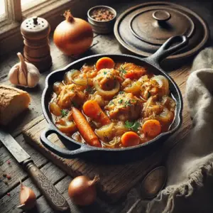 Smoorpot met kip op rustieke houten tafel