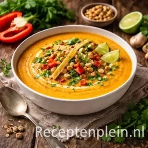 Brede kom romige Mexicaanse pindasoep met blokjes paprika, pinda’s, koriander en tortillareepjes, geserveerd op een rustieke houten tafel met limoenpartjes, knoflook, verse kruiden en een linnen doek bij warm natuurlijk licht.