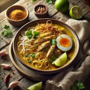 Soto ajam op rustieke houten tafel