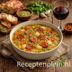 Spaanse erwtensoep met chorizo in een kom op een rustieke houten tafel, uitgezoomd met zichtbaar glas rode wijn, brood en verse ingrediënten ernaast