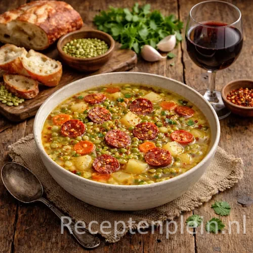 Spaanse erwtensoep met chorizo in een kom op een rustieke houten tafel, uitgezoomd met zichtbaar glas rode wijn, brood en verse ingrediënten ernaast