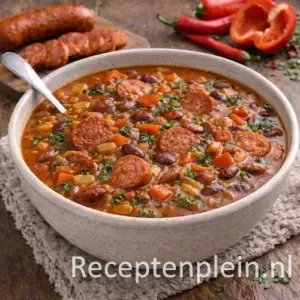 Spaanse bonensoep met chorizo, paprika en bruine bonen in een diepe kom