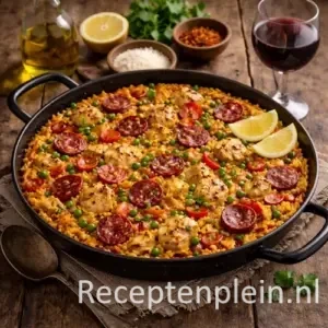 Spaanse rijstpan met kip en chorizo in een grote pan