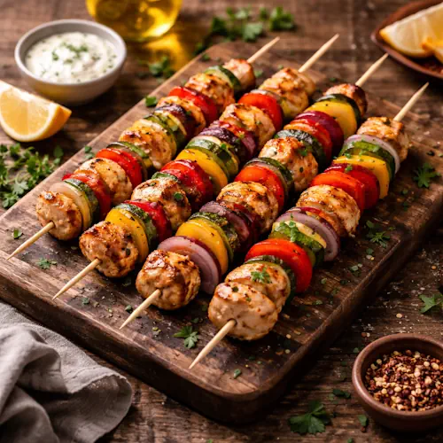 Sperziebonen met kip en garnalen in kruidige saus op rustieke houten tafel