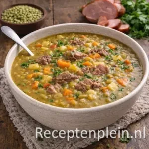 Stevige boeren erwtensoep met rundvlees en ham in een kom op een rustieke houten tafel, uitgezoomd met spliterwten, ham en verse kruiden ernaast