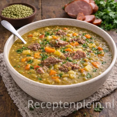 Stevige boeren erwtensoep met rundvlees en ham in een kom op een rustieke houten tafel, uitgezoomd met spliterwten, ham en verse kruiden ernaast