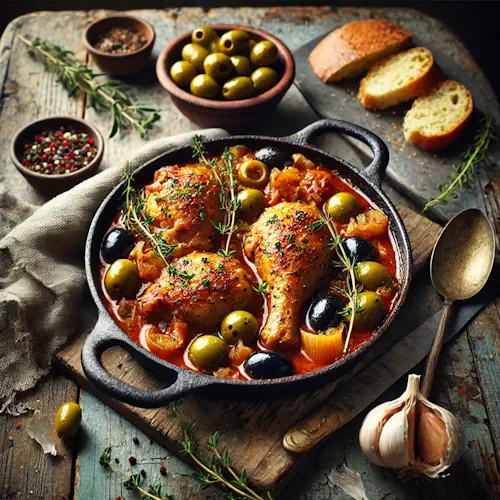 Stoofpot met kipkarbonades en olijven op rustieke houten tafel