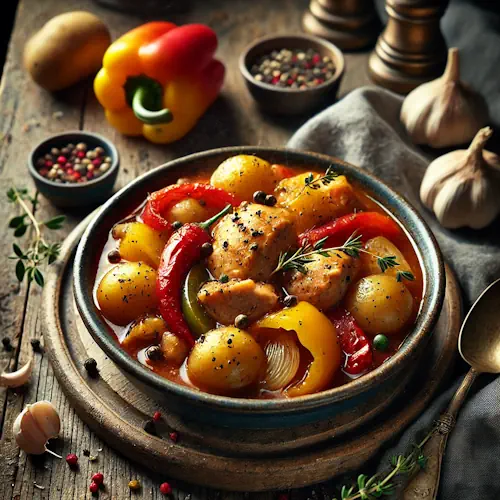 Stoofpot van kip, paprika en aardappeltjes op rustieke houten tafel