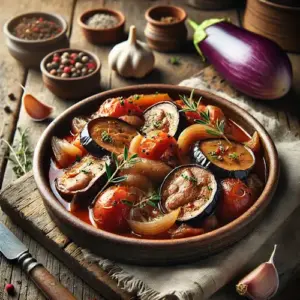 Stoofschotel van kippenlevertjes met aubergine op rustieke houten tafel