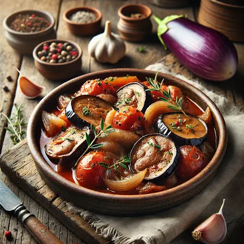 Stoofschotel van kippenlevertjes met aubergine op rustieke houten tafel