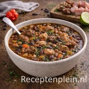 Surinaamse bonensoep met bruine bonen en mals vlees in een diepe kom