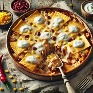 Taco-ovenschotel met kip en kwark op rustieke houten tafel