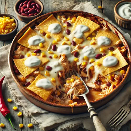 Taco-ovenschotel met kip en kwark op rustieke houten tafel