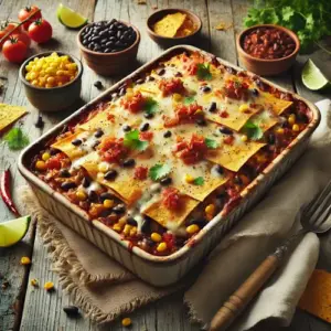 Tacoschotel met bonen op rustieke houten tafel