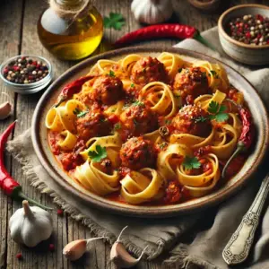 Tagliatelle met kip en bonen op rustieke houten tafel