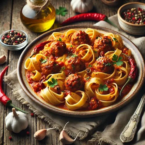 Tagliatelle met kip-notenballetjes in pikante saus op rustieke houten tafel