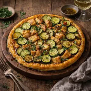 Tarte tatin van kip en courgette op rustieke houten tafel