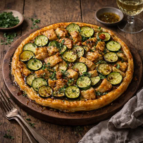 Tarte tatin van kip en courgette op rustieke houten tafel