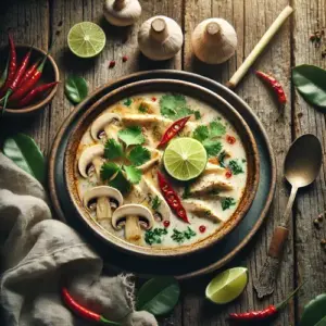 Thaise kip-kokossoep op rustieke houten tafel
