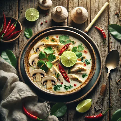 Thaise kip-kokossoep op rustieke houten tafel
