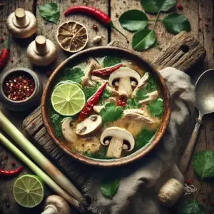 Thom Yum op rustieke houten tafel