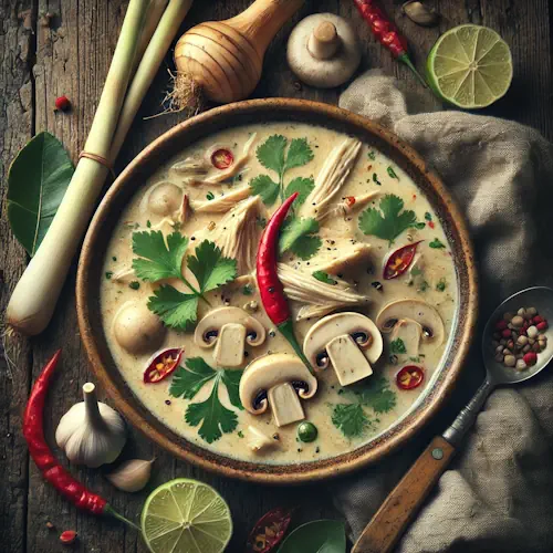 Tom Kha Kai op rustieke houten tafel