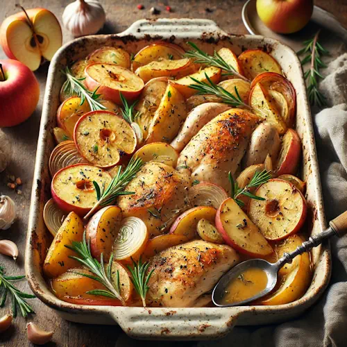 Toscaanse ovenschotel met kip en appeltjes op rustieke houten tafel