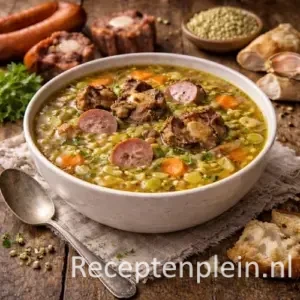 Goed gevulde kom traditionele Hollandse erwtensoep met plakjes rookworst, stukken ossenstaart, spliterwten, wortel en prei, geserveerd op een rustieke houten tafel met droge erwten, knoflook, brood en een linnen doek bij warm natuurlijk licht.