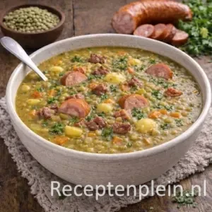 Hollandse erwtensoep met rookworst, spek en groenten in een diepe kom