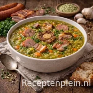 Goed gevulde kom traditionele snert met plakjes rookworst, stukjes zuurkoolspek, spliterwten en wintergroenten, geserveerd op een rustieke houten tafel met droge erwten, knoflook, brood en een linnen doek bij warm natuurlijk licht.