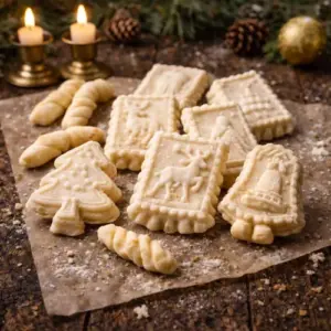 Witgouden Zwitserse kerstkoekjes in feestelijke vormen zoals rendieren en kerstbomen, gepresenteerd op bakpapier met chräbeli rolletjes, dennenappels en warme kaarsverlichting.
