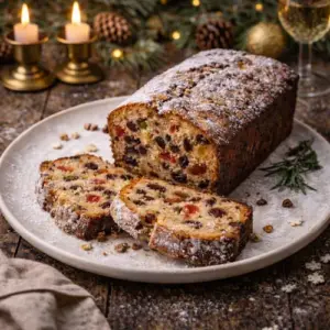 Rijkgevulde kerstcake met rozijnen, sukade en bigarreaux, licht bestoven met poedersuiker, geserveerd op een wit bord met kerstdecoratie en kaarslicht.