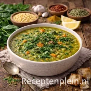 Turkse spliterwtensoep met spinazie en verse kruiden in een diepe kom, geserveerd op een rustieke houten tafel met droge spliterwten, verse spinazie, citroenpartjes, specerijen, brood en een linnen doek bij warm natuurlijk licht.