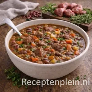 Twentse bonensoep met rundvlees, bonen en groenten in een rustieke kom