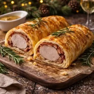 Goudbruin gebakken varkenshaasjes omwikkeld met bacon en bladerdeeg, geserveerd op een houten plank met mosterdsaus en kerstdecoratie op de achtergrond.