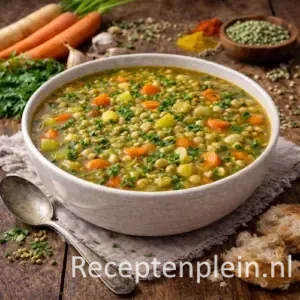 Kom goed gevulde vegetarische erwtensoep met parelgort, wintergroenten en verse kruiden, geserveerd op een rustieke houten tafel met droge erwten, wortelen, knoflook, specerijen, brood en een linnen doek bij warm natuurlijk licht.