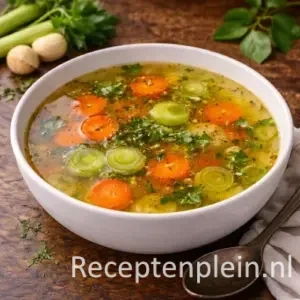 Verse groenten en runderschenkel in een pan tijdens het Heldere Runderbouillon maken.
