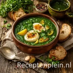 Diepe aardewerken kom winterposteleinsoep met gehalveerde zachtgekookte eieren en verse groene blaadjes, geserveerd op een rustieke houten tafel met knapperig brood, knoflook, peperkorrels, linnen doek en warm natuurlijk licht.