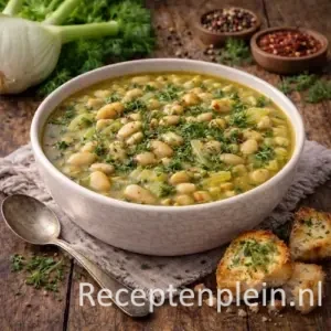 Witte bonensoep met venkel en krokante crostini in een diepe kom, geserveerd op een rustieke houten tafel met witte bonen, venkelknol, verse kruiden, specerijen, brood en een linnen doek bij warm natuurlijk licht.