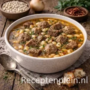 Witte bonensoep met rundvlees en gehaktballetjes in een diepe kom, geserveerd op een rustieke houten tafel met witte bonen, ui, knoflook, chili flakes, verse kruiden, brood en een linnen doek bij warm natuurlijk licht.