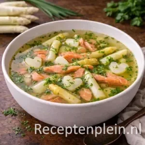 Een bord met goudgele heldere soep, witte asperges en roze reepjes zalm voor het recept Verfijnde Heldere Aspergesoep met Zalm maken.