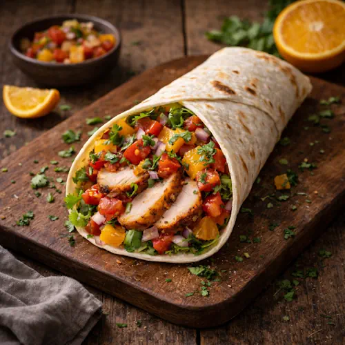 Wrap met gerookte kip en tomaten-sinaasappelsalsa op rustieke houten tafel