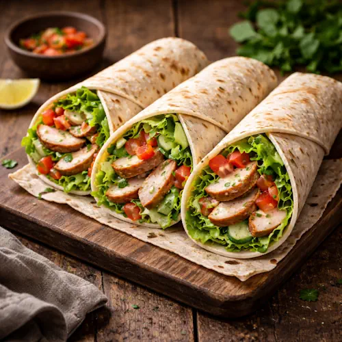 Wrappers met gerookte kip op rustieke houten tafel