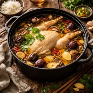 Yunnan pot kippensoep op rustieke houten tafel
